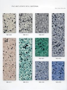 Anti-Static (ESD) PVC Flooring Premium PVC anti-static roll flooring swatches in various colors including grey, blue, and green speckled patterns by Kanglai.