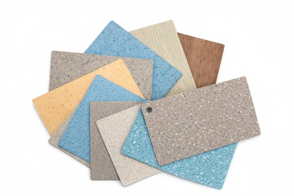 kHeterogeneous vinyl flooring color swatches in multiple colors and surface designs