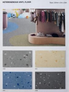 Heterogeneous vinyl flooring design options in multiple decorative colors