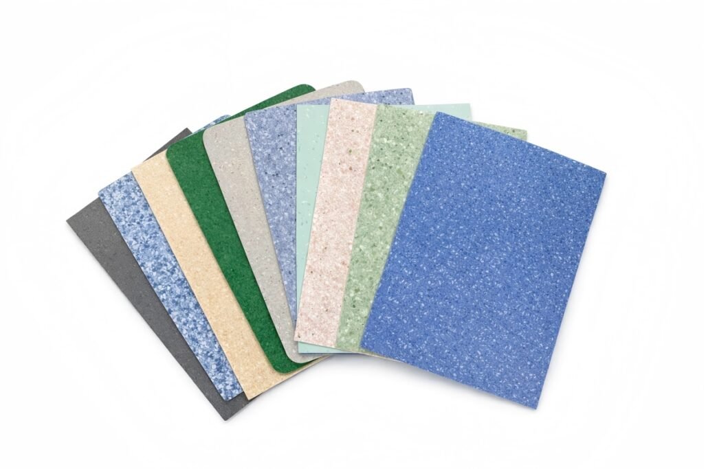 Homogeneous vinyl flooring color swatches in multiple colors and patterns