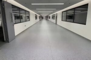 Anti-static ESD PVC roll flooring installed in a factory corridor project