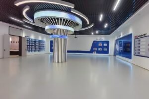 Multi-layer commercial PVC flooring installed in an exhibition hall project