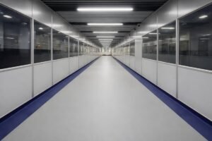 Homogeneous vinyl flooring installed in a clean corridor project