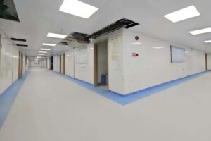 Homogeneous vinyl flooring installed in a hospital corridor project