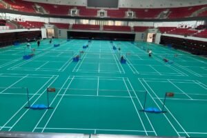 PVC sports flooring installed in an indoor badminton court project